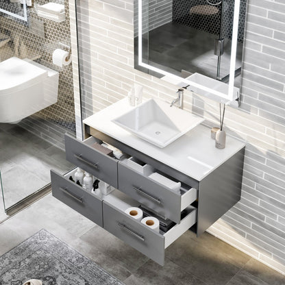 Eviva Wave Wall Mount Bath Vanity with White Quartz Top and Vessel Porcelain Sink (24"-72")