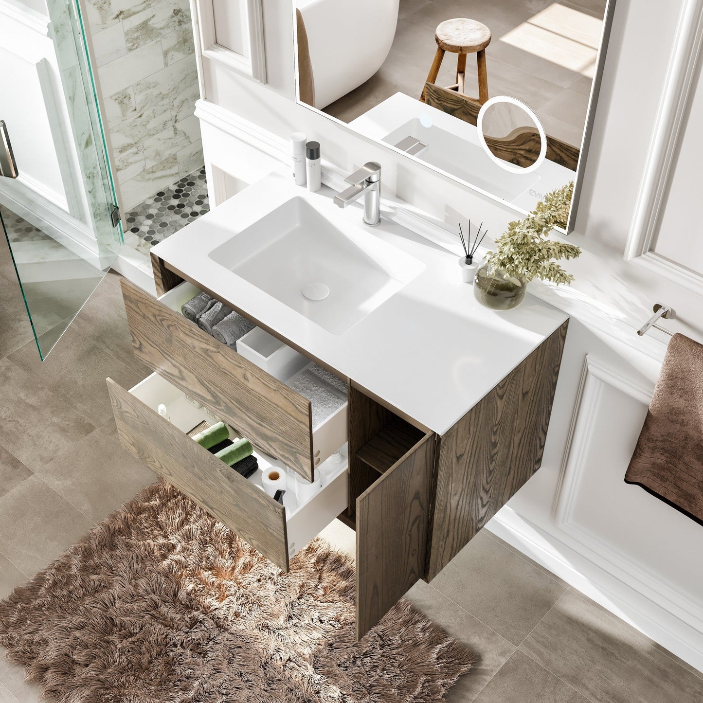 Eviva Ciocco Wall Mount Bath Vanity with Solid Surface Top and Integrated Sink