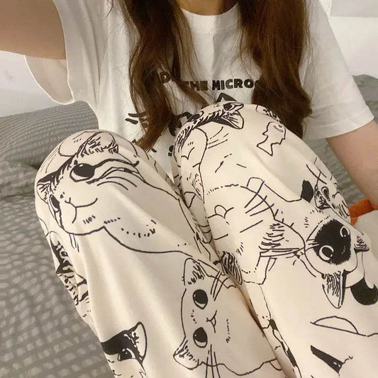 Cute Cat Print Pajama Trousers for Women Loose Fit Sleepwear Lounge Pants