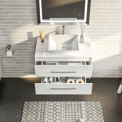 Eviva Wave Wall Mount Bath Vanity with White Quartz Top and Vessel Porcelain Sink (24"-72")