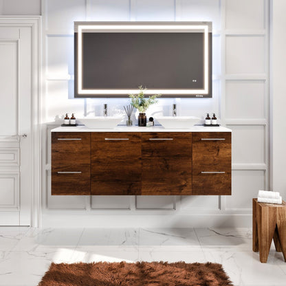 Eviva Luxurious Wall Mount Bath Vanity with White Quartz Top and Vessel Porcelain Sinks