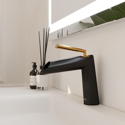 Eviva Black Single-Handle Waterfall Single-Hole Bathroom Faucet with Gold Handle in Black