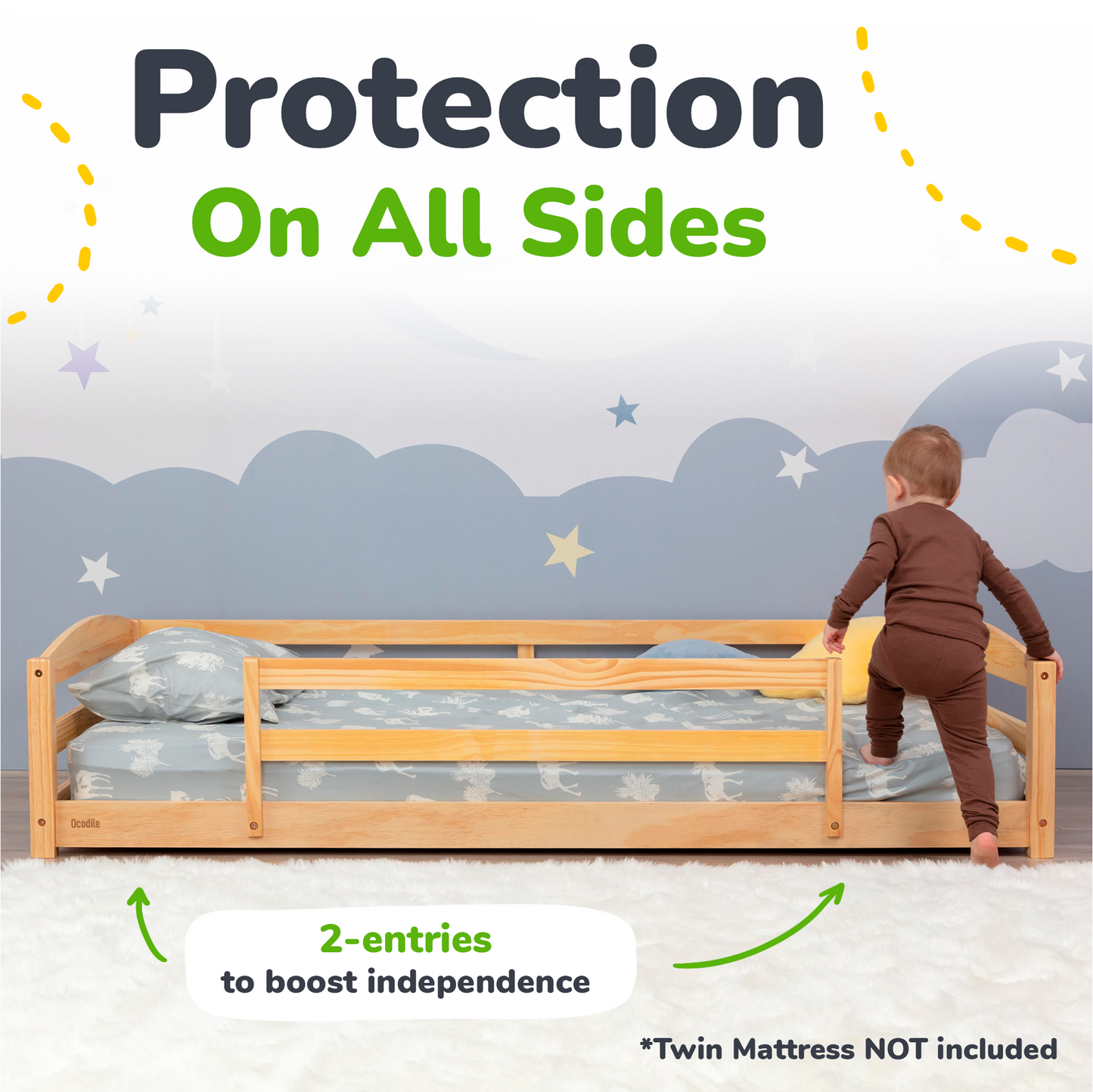 Child standing on a bed with a wooden guardrail, emphasizing safety on all sides.