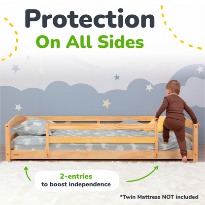 Child standing on a bed with a wooden guardrail, emphasizing safety on all sides.