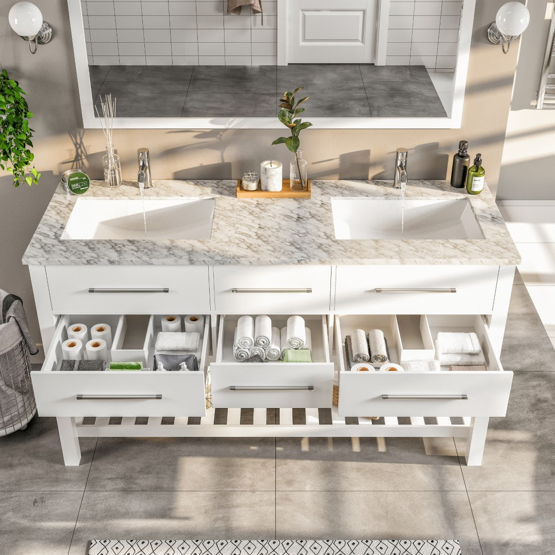 Eviva Natalie Bath Vanity with Carrara Marble Top and Undermount Porcelain Sinks