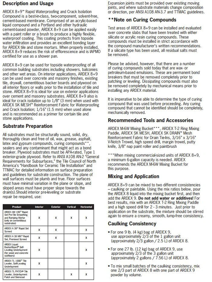 Ardex 8+9 Rapid Waterproofing and Crack Isolation Compound
