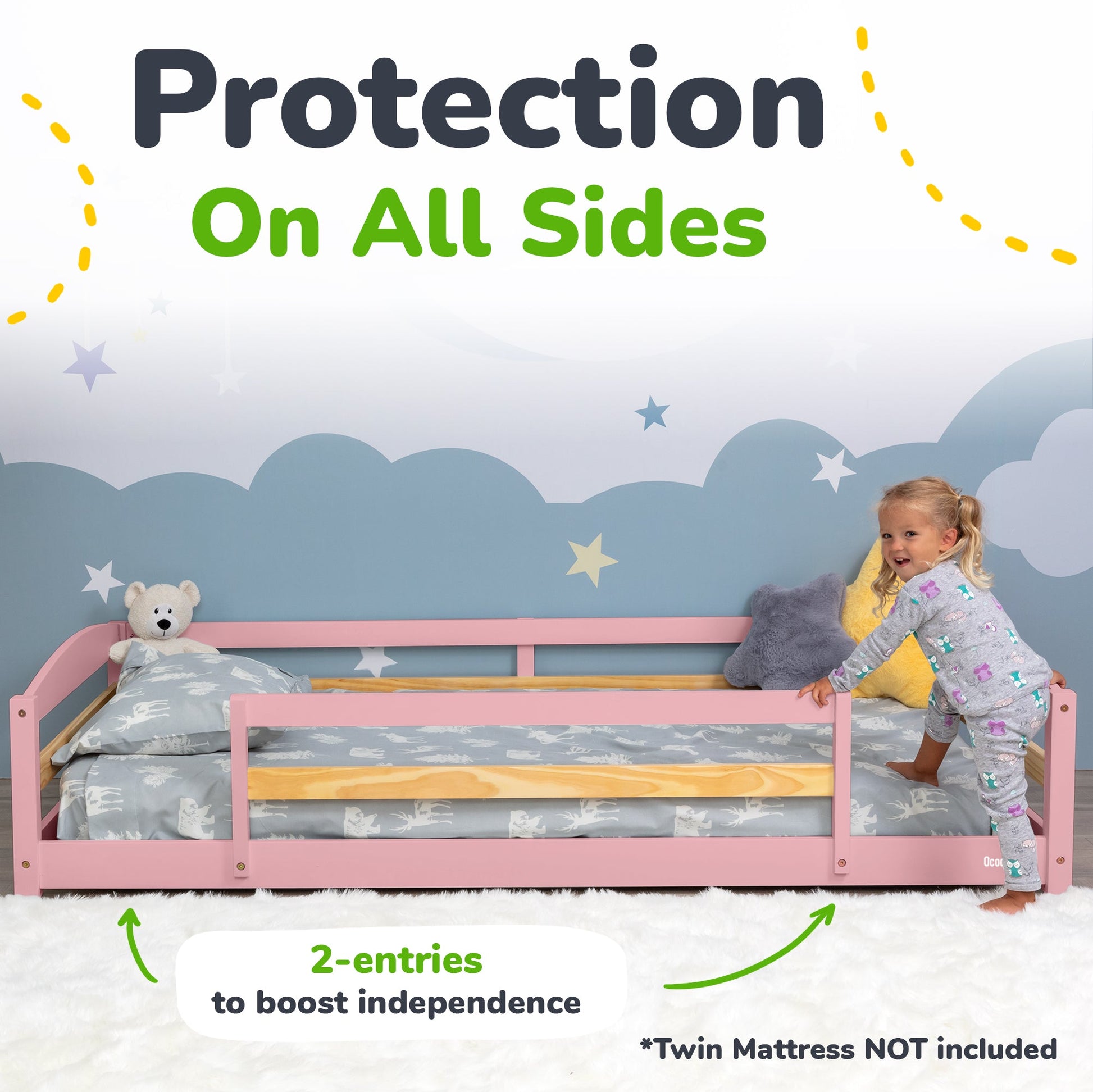 Child playing on a pink bed with a mattress guard, featuring text about protection on all sides.