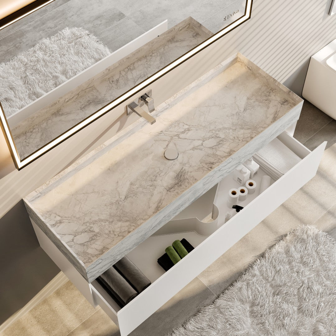 Eviva Fritti Wall Mount Bath Vanity with Carrara Marble Top and Integrated Sink