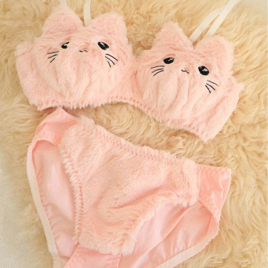 2-Piece Anime Lingerie Set – Soft Plush Bra & Panty with Cartoon Cats Design for Women & Girls