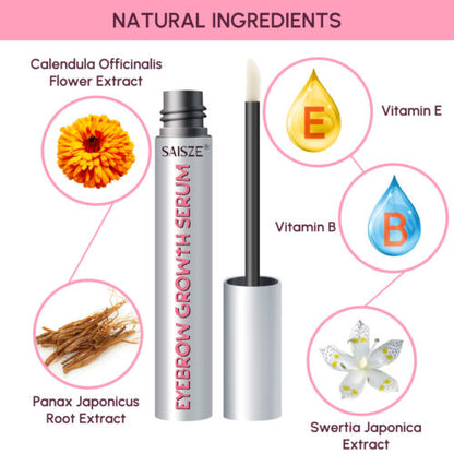 Saisze eyebrow growth serum with natural ingredients displayed on a pink background