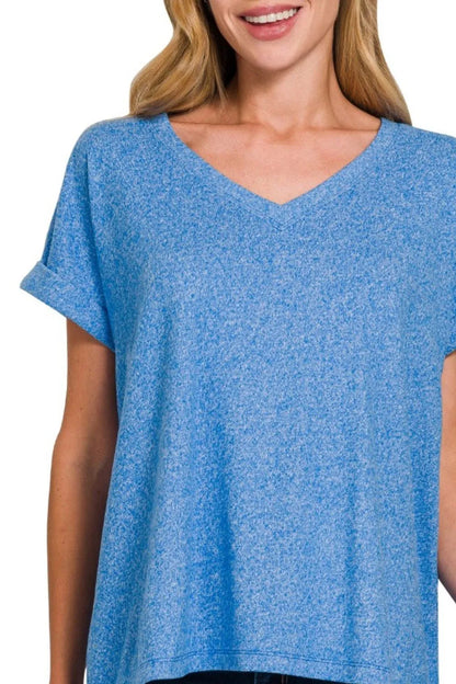 Zenana Soft Melange Hacci V-neck Tee in Blue