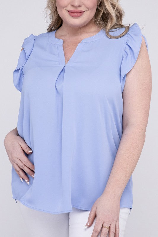 ZENANA Plus Woven Wool Peach Ruffled Sleeve High-Low Top