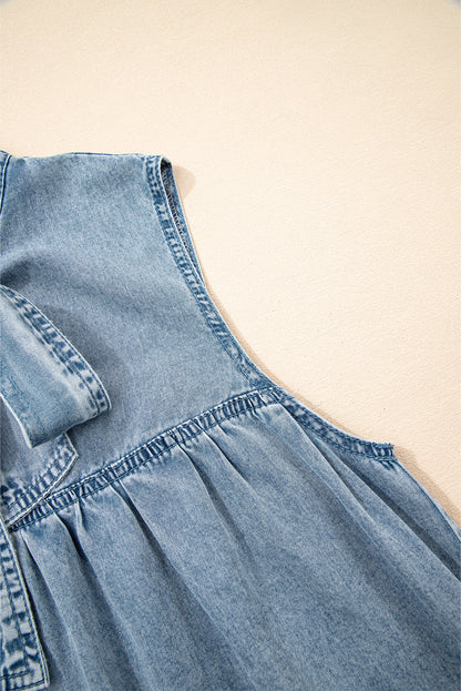 Beau Blue Bowknot Neck Ruffle Sleeveless Mini Dress