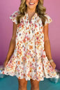 Apricot Floral Print Ruffled Trim Flutter Sleeve Mini Dress