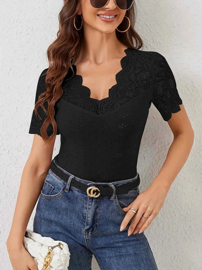Lace Trim Eyelet Embroidered Summer T Shirt