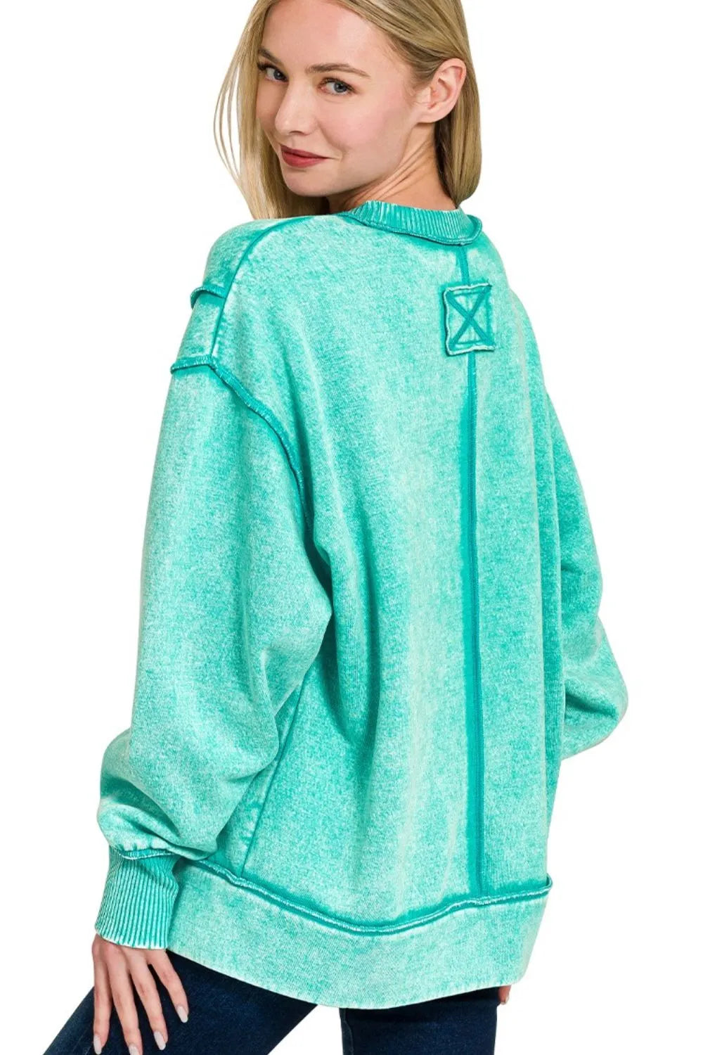 Zenana Acid Wash Exposed-seam Fleece Sweatshirt in Turquoise