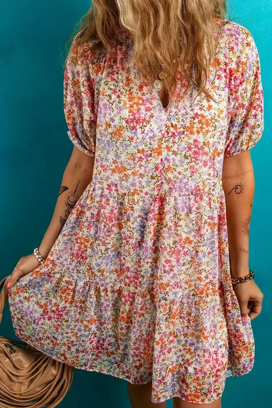 Red Floral Print Notched V Neck Puff Sleeve Tiered Mini Dress