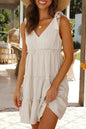 Oatmeal Solid Color Tie Strap Ruffle Tiered Mini Dress