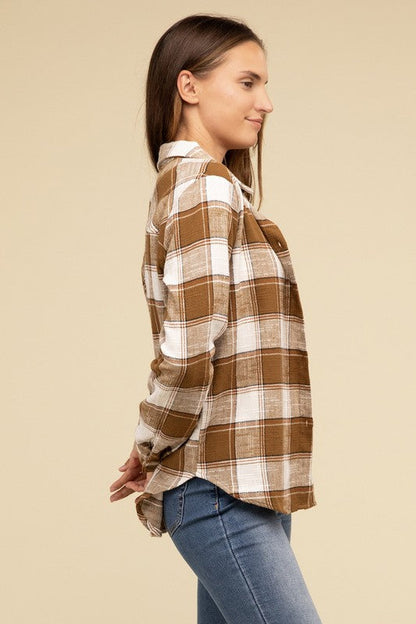ZENANA Cotton Plaid Shacket With Front Pocket