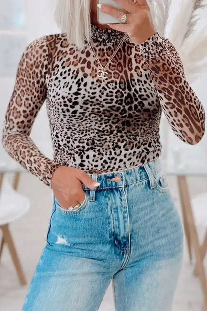 Brown Leopard Print Mesh Bodysuit Smocked Neck - Femstylo