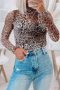Brown Leopard Print Mesh Bodysuit Smocked Neck - Femstylo
