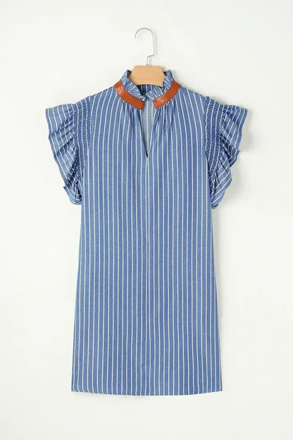 Sky Blue Stripe Frilly Split Neck Shirred Ruffle Sleeve Mini Shift Dress