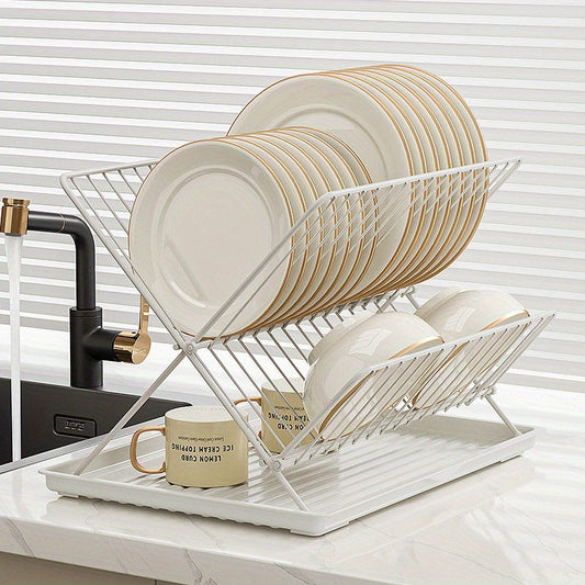 1pc Modern 2-Tier X-Shape Foldable Dish Drying Rack - Space-Saving
