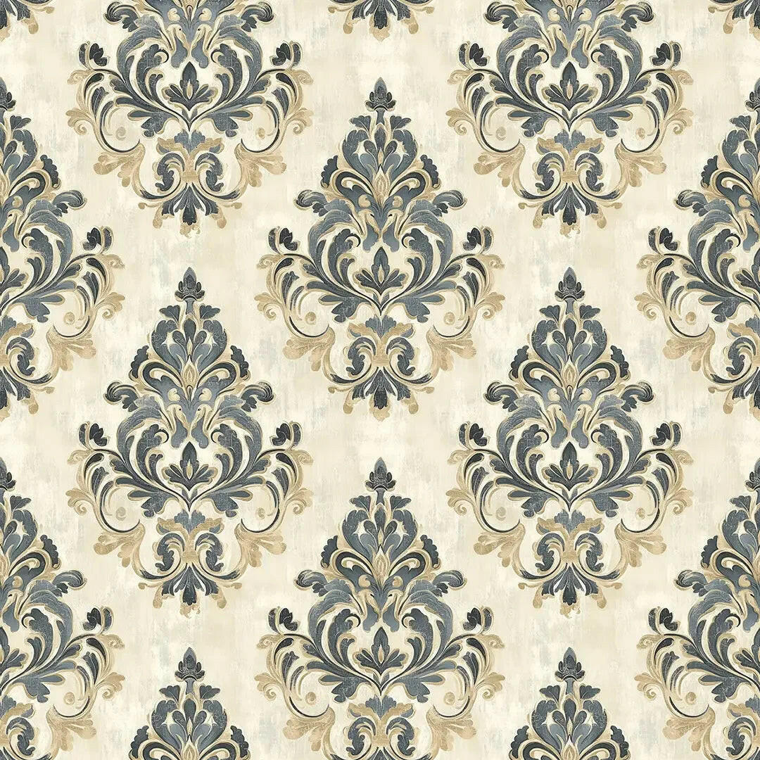 Regal Slate & Gold Damask