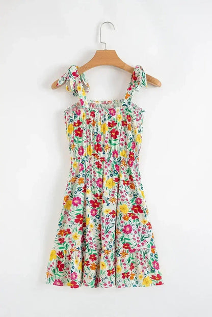 Red Floral Print Knotted Strap Cinched Waist Ruffle Hem Mini Dress