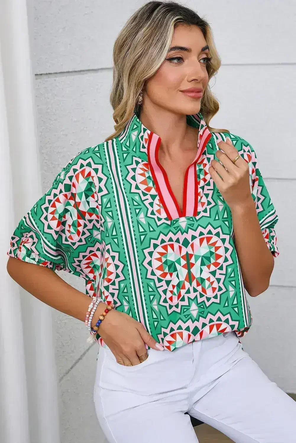 Sea Green Boho Geometric Print Color Neckline Blouse | Femstylo