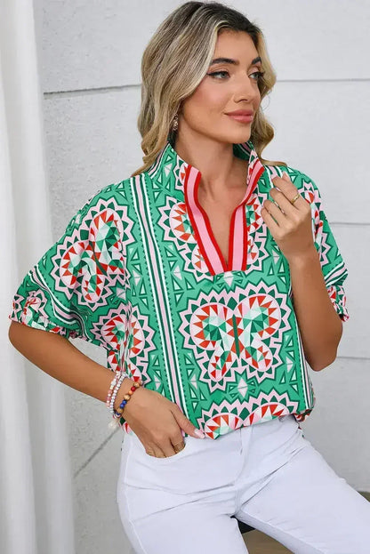 Sea Green Boho Geometric Print Color Neckline Blouse | Femstylo