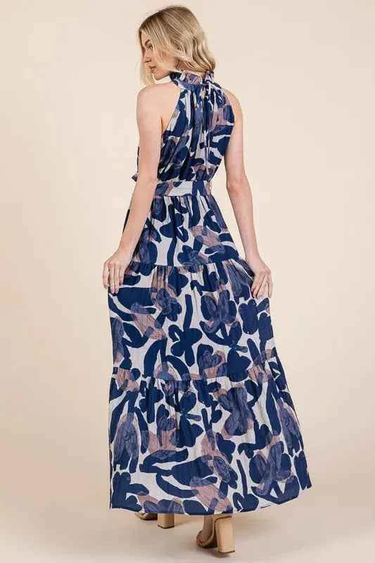Lime and Chili Maxi Dress - Abstract Halter Neck Tie-Waist Tiered Design
