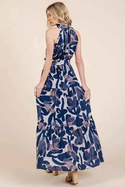 Lime and Chili Maxi Dress - Abstract Halter Neck Tie-Waist Tiered Design