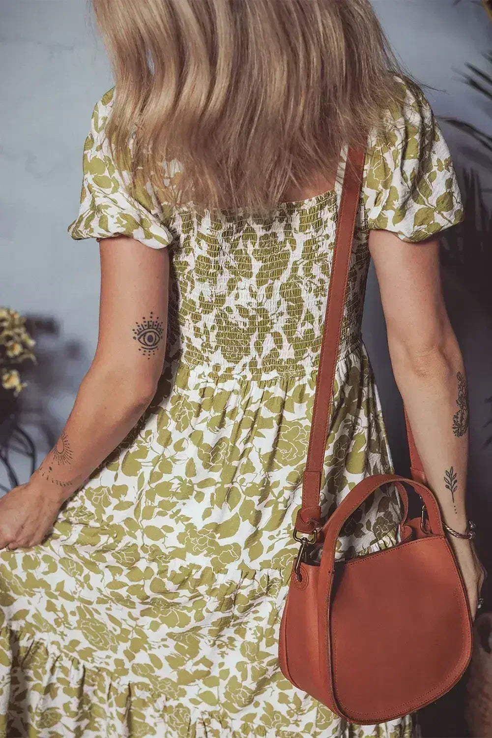 Yellow Boho Floral Print Square Neck Puff Sleeve Tiered Maxi Dress