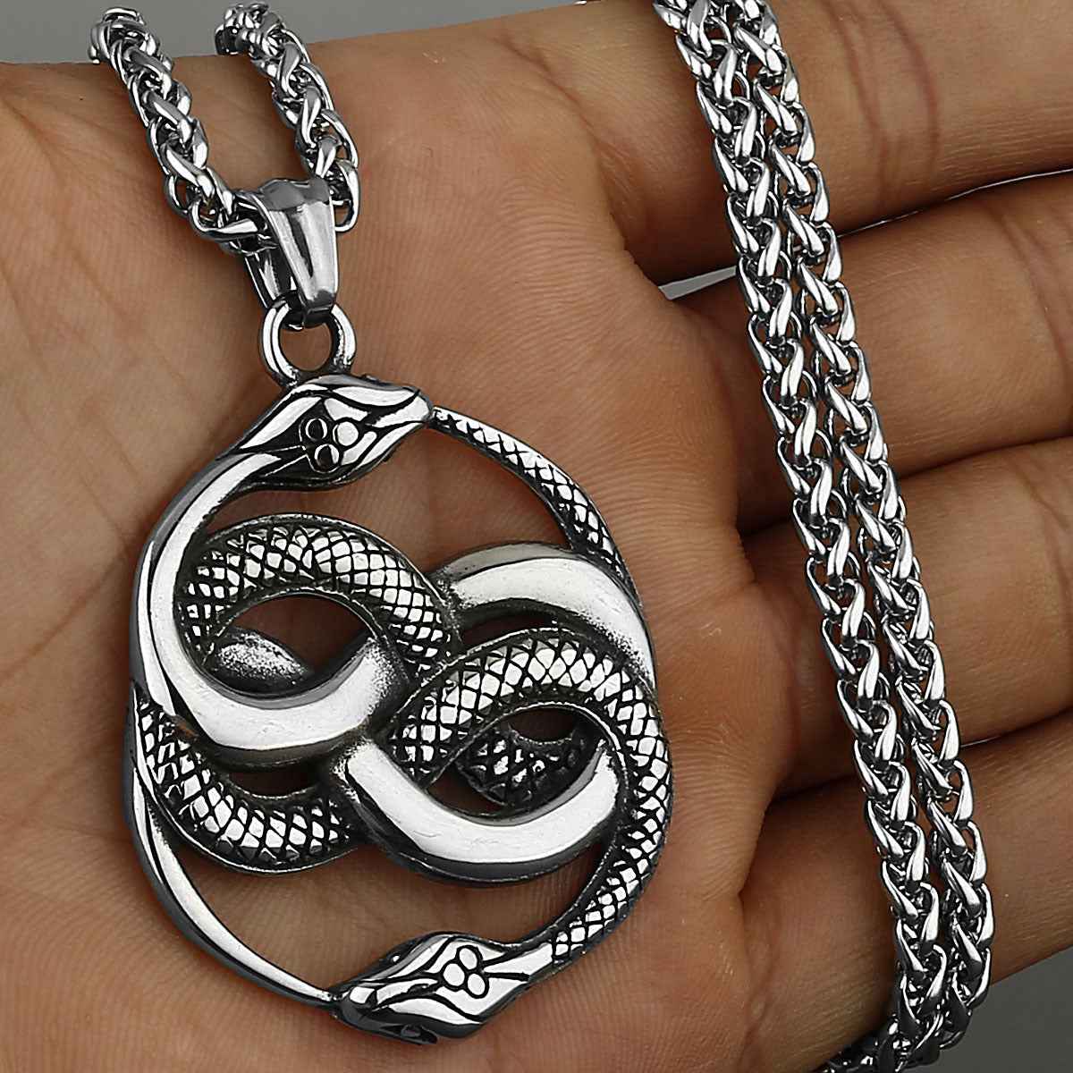 Mens Snake Pendant Necklace Set with Casual Mechanical Watch Fashion Accessory