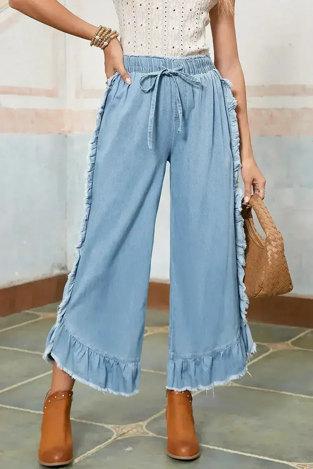 Myosotis Light Wash Raw Hem Ruffle Wide Leg Jeans