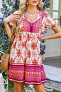 Rose Boho Floral Short Sleeve Tie V Neck Mini Dress