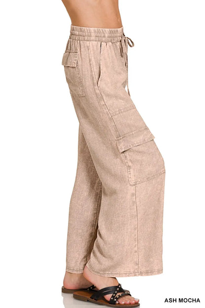 Zenana Washed Linen Elastic Band Waist Cargo Pants in Mocha