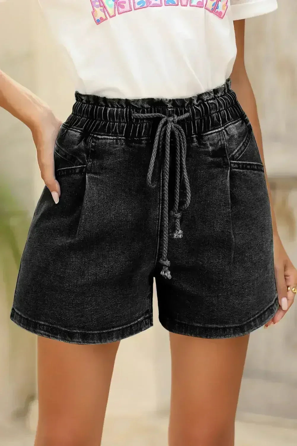 Grey Drawstring High Waist Casual Denim Shorts