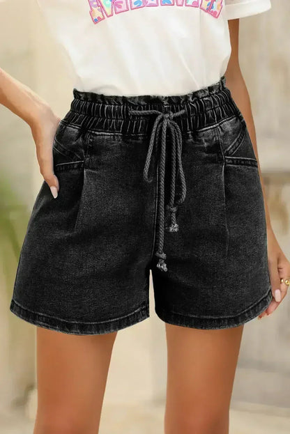 Grey Drawstring High Waist Casual Denim Shorts