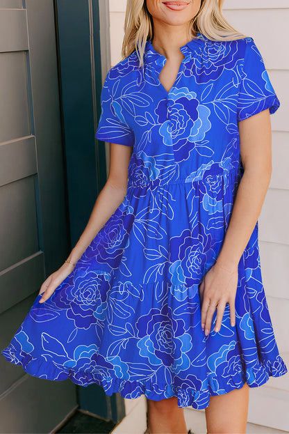 Blue Floral Print Ruffle Hem V Neck Flowy Mini Dress