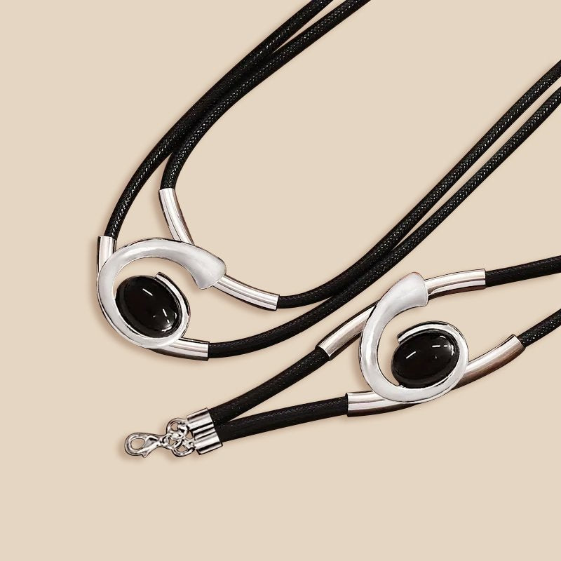 Modern Elegance Black and Silver Leather Choker and Bracelet Combo