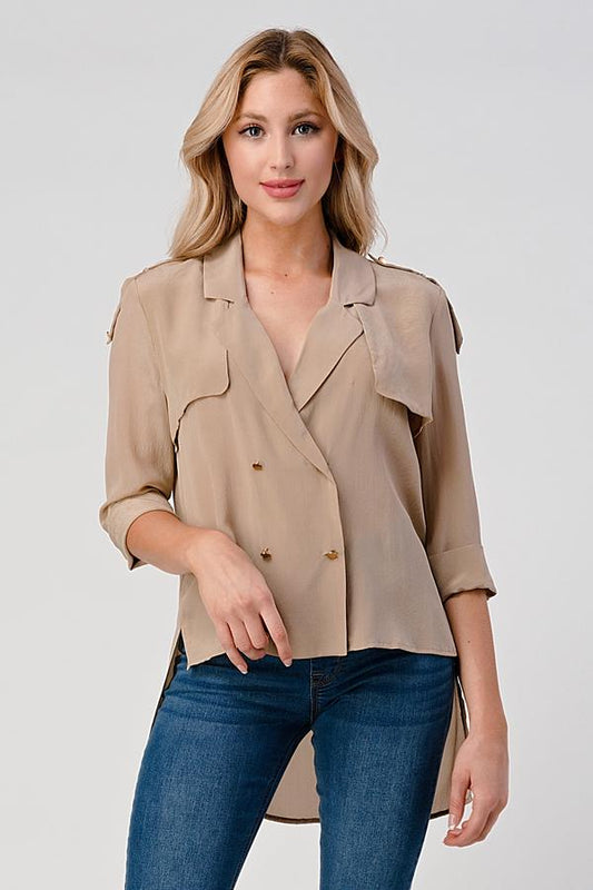 Double-Breasted Button-Up Blouse with Rolled Sleeves | Apparel | Kitchen + Metal