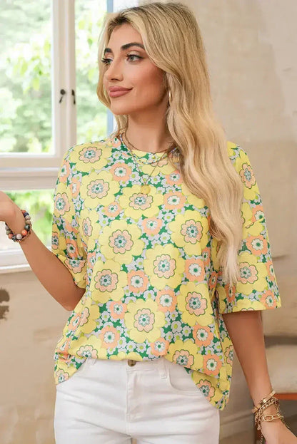 Yellow Summer Flower Print Drop Shoulder Loose T Shirt