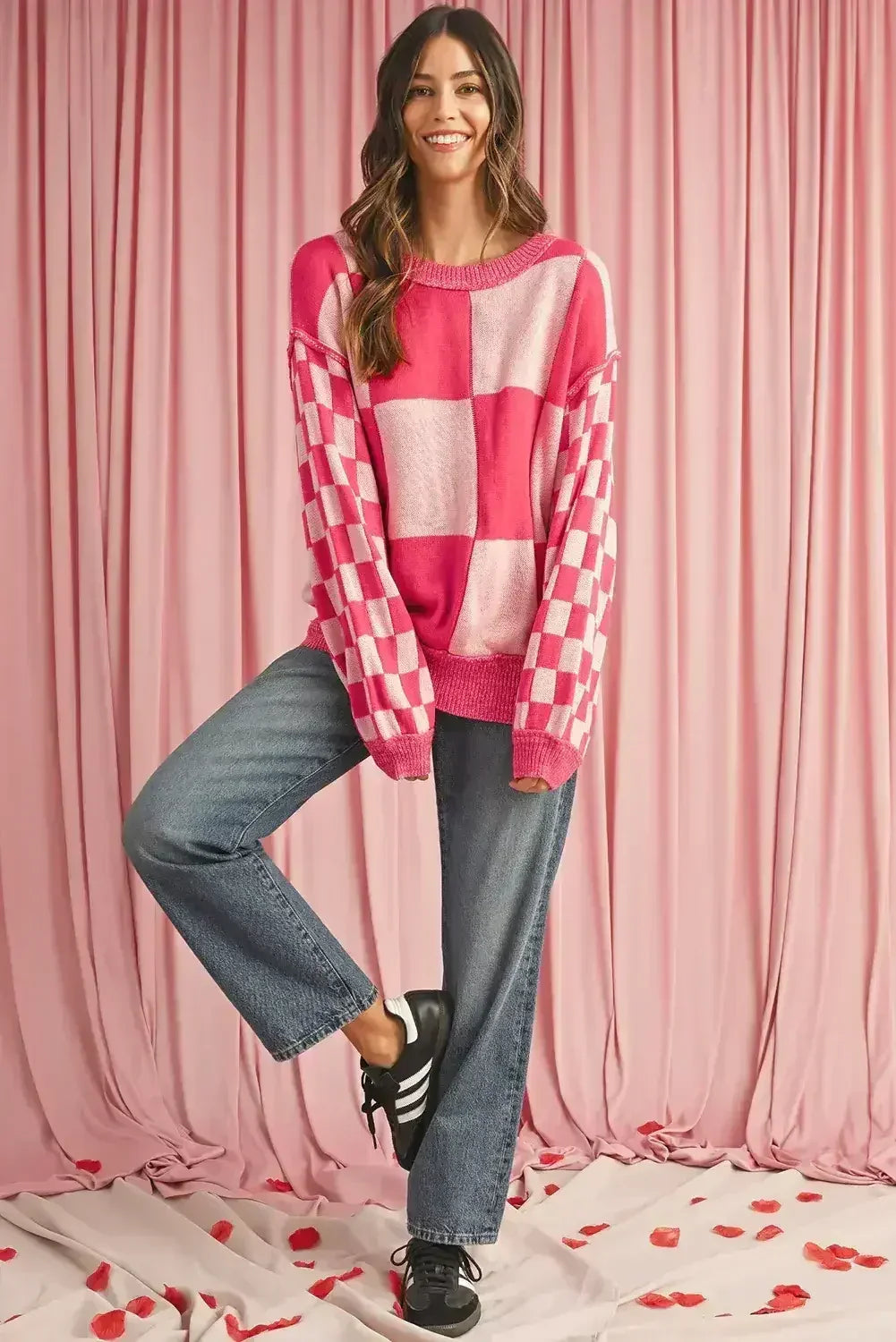 Rose Red Checkered Drop Sleeve Knit Sweater