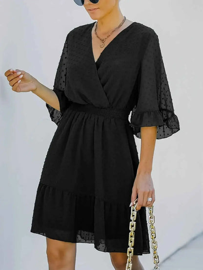 Swiss Dot Dress with Flare Sleeves - Mini Wrap Style
