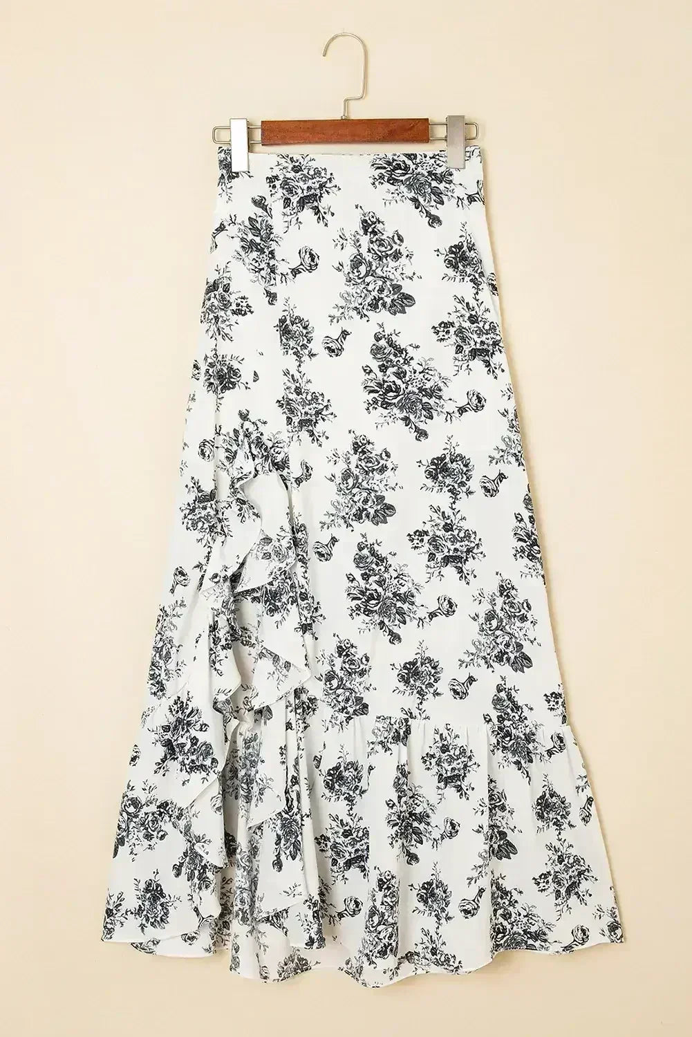 Sky Blue Boho Floral High Waist Ruffle Split Maxi Skirt
