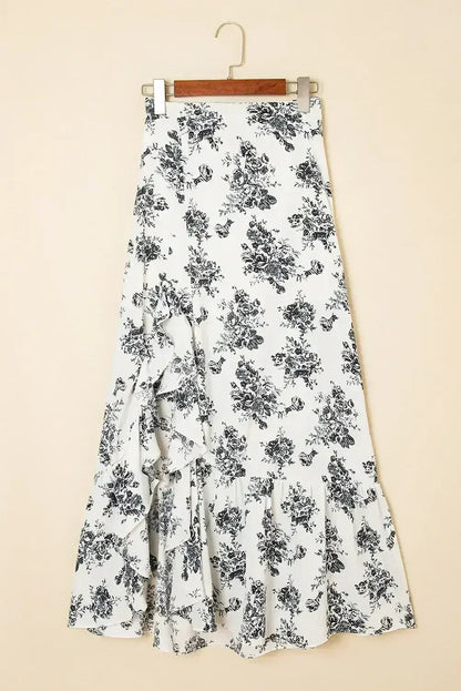 Sky Blue Boho Floral High Waist Ruffle Split Maxi Skirt