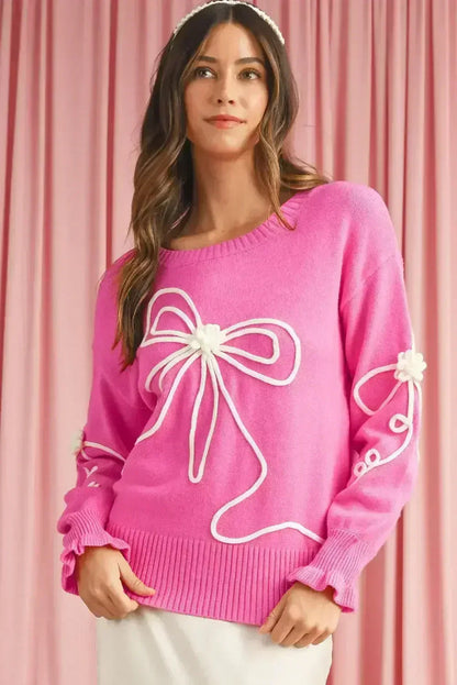 Bright Pink Sweet Bow Pattern Drop Sleeve Knit Sweater