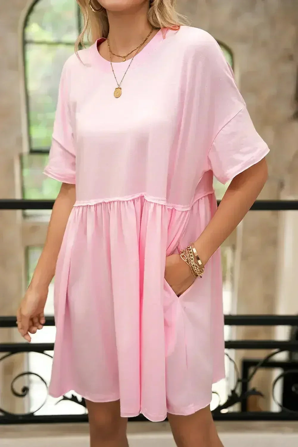 Sky Blue Solid Color Pocket Raw Edge Babydoll Dress
